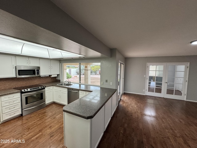 kitchen with dark wood-type flooring, appliances with stainless steel finishes, a peninsula, white cabinets, and a sink