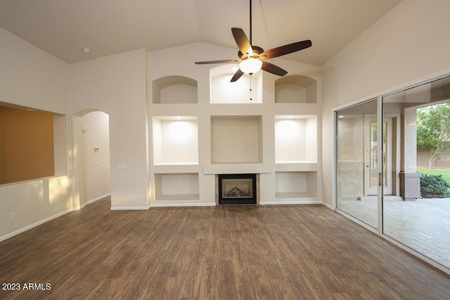 unfurnished living room featuring dark hardwood / wood-style flooring, high vaulted ceiling, built in features, and ceiling fan