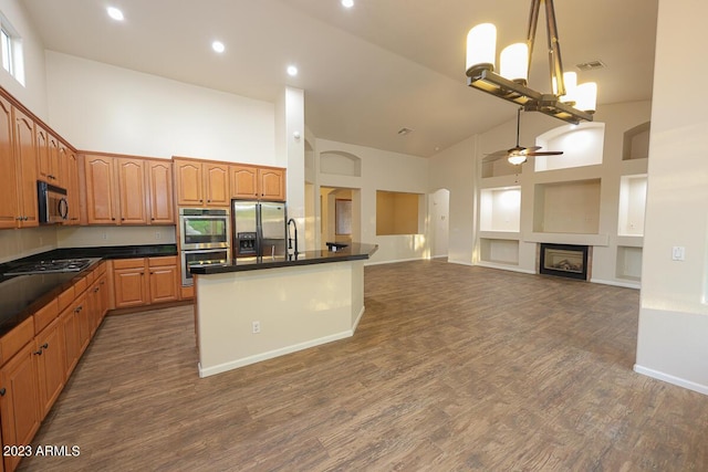 kitchen with appliances with stainless steel finishes, dark hardwood / wood-style floors, high vaulted ceiling, and ceiling fan