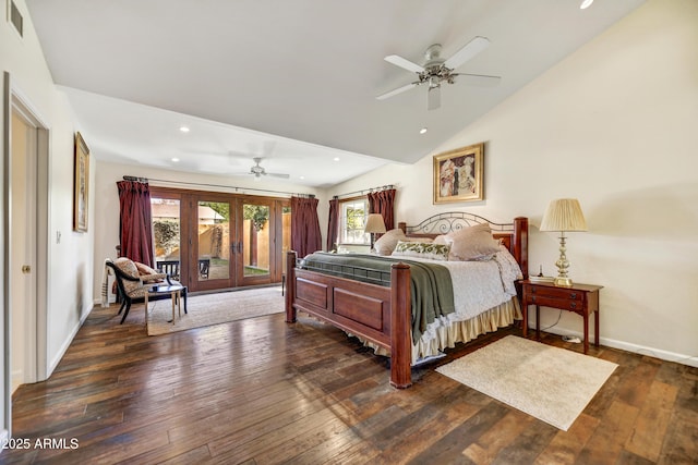 bedroom featuring ceiling fan, vaulted ceiling, dark hardwood / wood-style flooring, and french doors