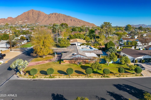 drone / aerial view featuring a mountain view