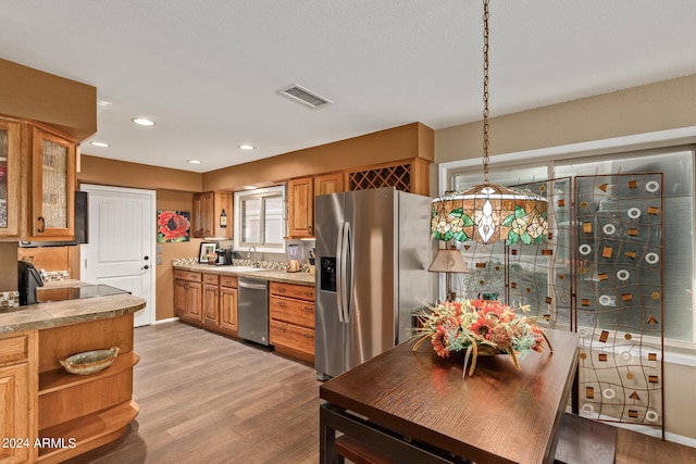 kitchen with sink, light hardwood / wood-style flooring, pendant lighting, and appliances with stainless steel finishes