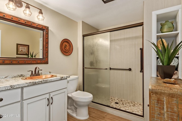 bathroom featuring vanity, hardwood / wood-style flooring, toilet, and a shower with door