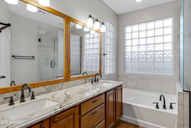 bathroom with shower with separate bathtub and vanity