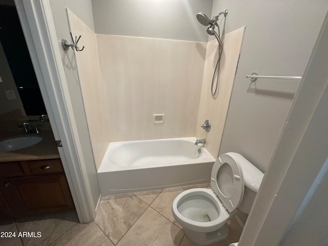 full bathroom with shower / bathtub combination, tile patterned floors, vanity, and toilet