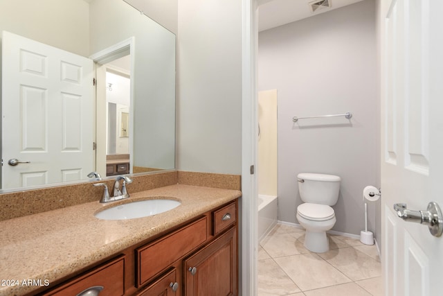 full bathroom with tile patterned flooring, independent shower and bath, vanity, and toilet