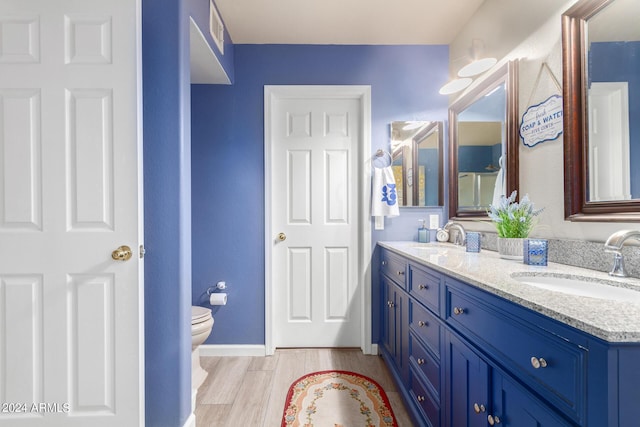 bathroom with a sink, toilet, wood finished floors, and double vanity