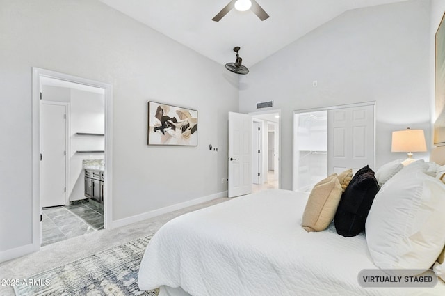1962 E Morrow Dr, Phoenix, AZ 85024 - carpeted bedroom featuring high vaulted ceiling, a spacious closet, baseboards, ensuite bath, and a closet