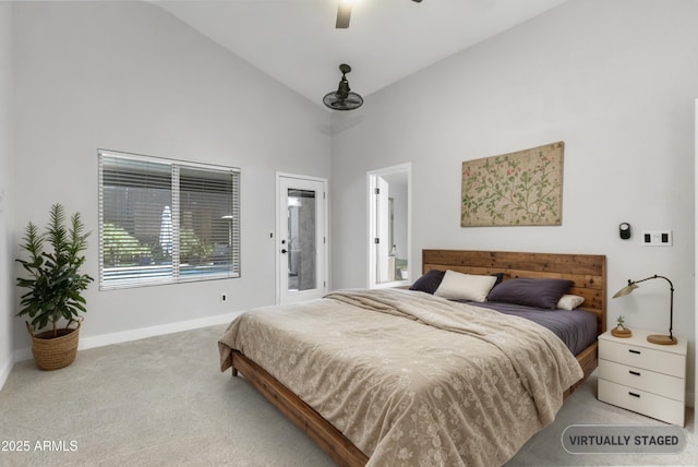 1962 E Morrow Dr, Phoenix, AZ 85024 - bedroom featuring carpet floors, high vaulted ceiling, baseboards, and a ceiling fan