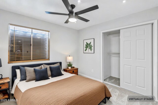 1962 E Morrow Dr, Phoenix, AZ 85024 - bedroom featuring light carpet, baseboards, a closet, and a ceiling fan