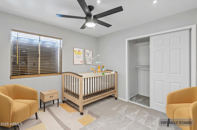 1962 E Morrow Dr, Phoenix, AZ 85024 - bedroom with a closet, baseboards, carpet flooring, and ceiling fan