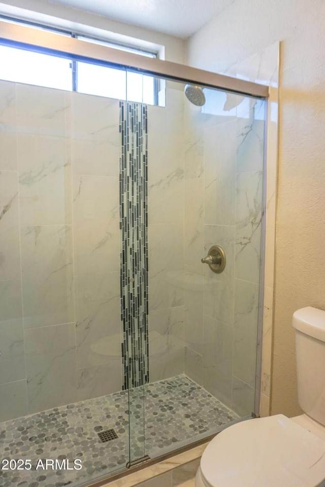 bathroom with toilet and an enclosed shower