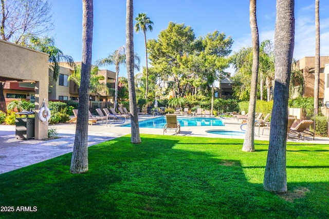 view of swimming pool featuring a patio area and a lawn