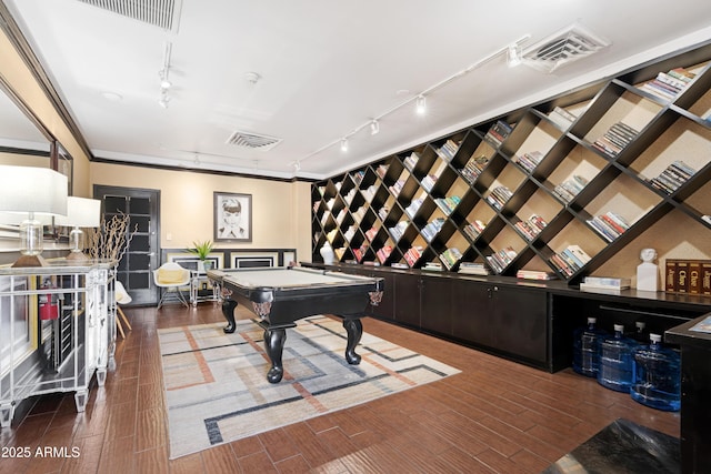 recreation room with track lighting, wood finished floors, pool table, and visible vents