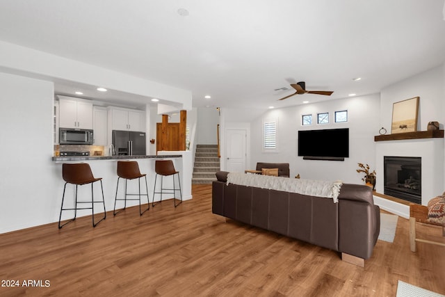 living room featuring light hardwood / wood-style floors and ceiling fan