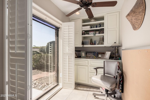 tiled office with ceiling fan