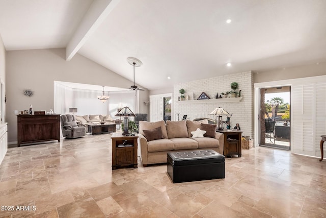 living room featuring beamed ceiling, a healthy amount of sunlight, a chandelier, and high vaulted ceiling