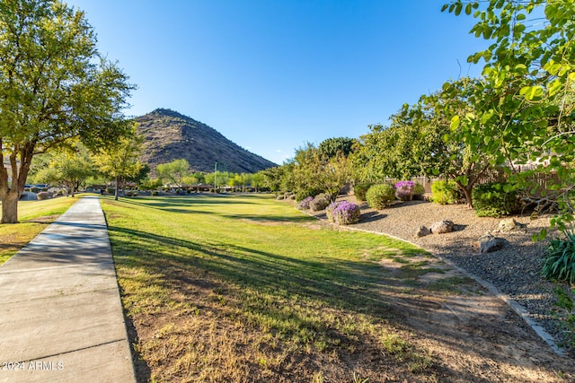 view of home's community with a lawn and a mountain view