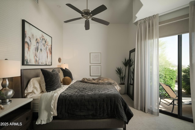10040 E Happy Valley Rd Unit 1011, Scottsdale, AZ 85255 - bedroom with carpet flooring, access to outside, lofted ceiling, and a ceiling fan