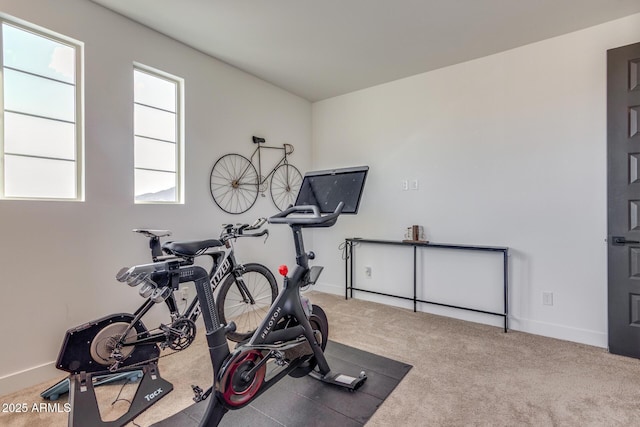 exercise area featuring carpet floors and baseboards