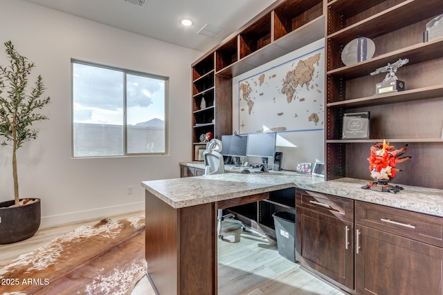 office featuring light wood-style floors, visible vents, baseboards, and recessed lighting