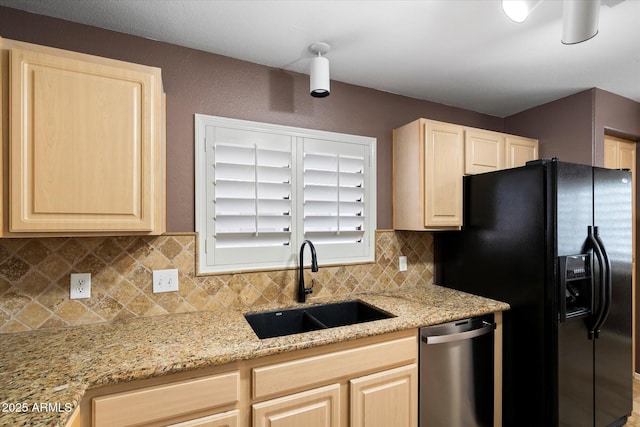 15151 N Frank Lloyd Wright Blvd Unit 2086, Scottsdale, AZ 85260 - kitchen with dishwasher, black fridge with ice dispenser, light brown cabinetry, and backsplash