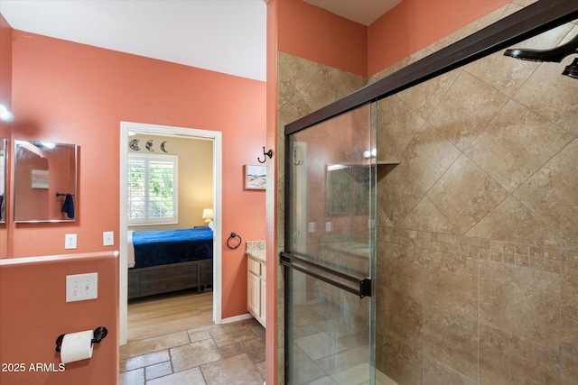 15151 N Frank Lloyd Wright Blvd Unit 2086, Scottsdale, AZ 85260 - full bathroom featuring stone tile floors, ensuite bathroom, and a shower stall