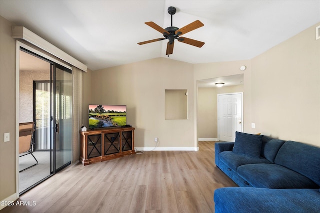 15151 N Frank Lloyd Wright Blvd Unit 2086, Scottsdale, AZ 85260 - living area featuring light wood finished floors, lofted ceiling, and ceiling fan