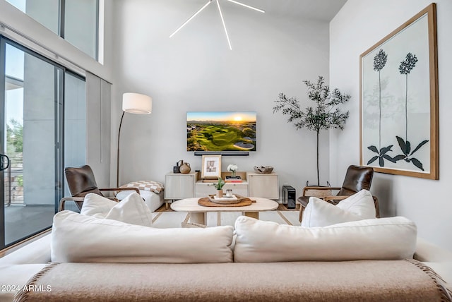 living room featuring a towering ceiling and wood-type flooring