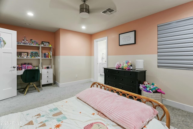 carpeted bedroom with recessed lighting, visible vents, connected bathroom, and baseboards