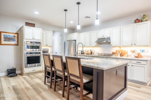 kitchen featuring stainless steel appliances, light wood-type flooring, a sink, and under cabinet range hood