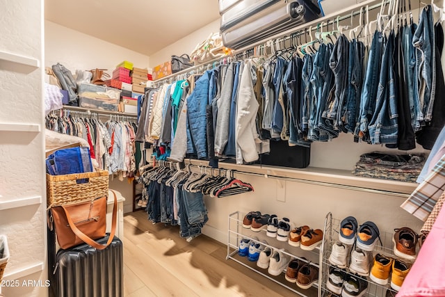 walk in closet with wood finished floors