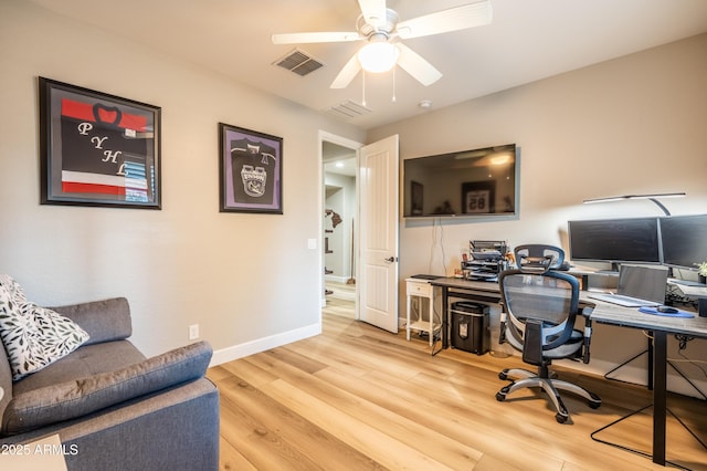 office featuring light wood-style floors, visible vents, ceiling fan, and baseboards