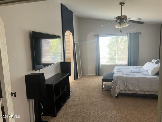 carpeted bedroom with multiple windows and ceiling fan