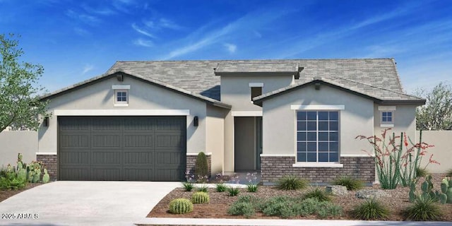 view of front of property with brick siding, an attached garage, concrete driveway, and stucco siding