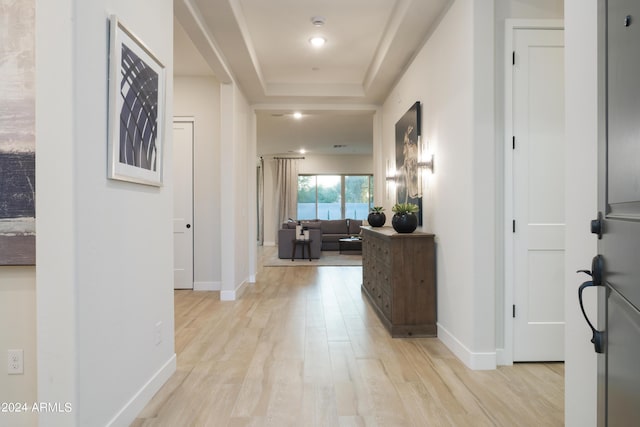 hall featuring baseboards, a raised ceiling, and light wood-style floors