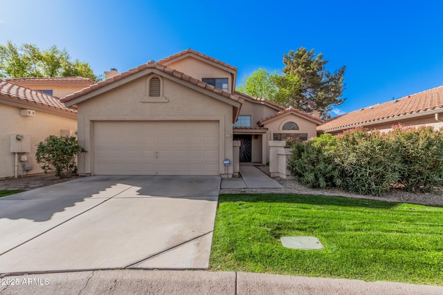 mediterranean / spanish-style house featuring a front yard, driveway, stucco siding, a garage, and a tile roof