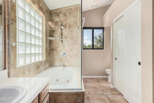 full bathroom featuring visible vents, baseboards, toilet, tile patterned floors, and vanity