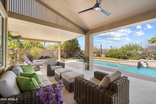 view of patio featuring ceiling fan, a fenced backyard, an outdoor hangout area, and a fenced in pool