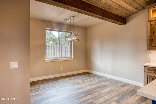 unfurnished dining area featuring light hardwood / wood-style floors, wood ceiling, and beam ceiling