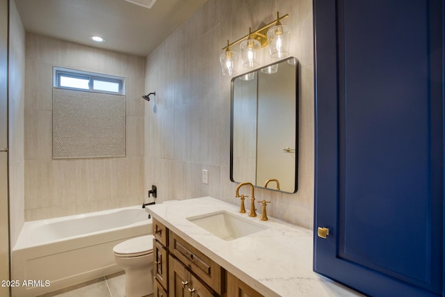 full bathroom with shower / bathtub combination, vanity, tile walls, tile patterned flooring, and toilet