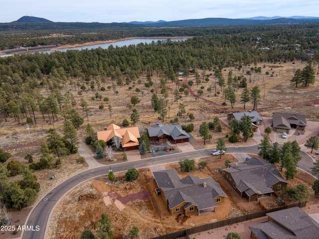 bird's eye view featuring a water and mountain view