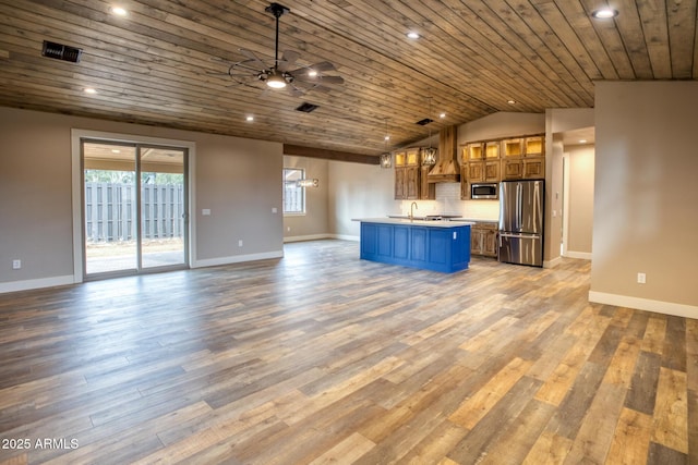 unfurnished living room featuring ceiling fan, wooden ceiling, lofted ceiling, and light hardwood / wood-style floors