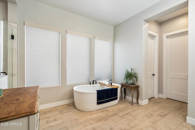 bathroom with hardwood / wood-style floors, vanity, and a bathing tub