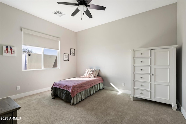 bedroom with light carpet and ceiling fan