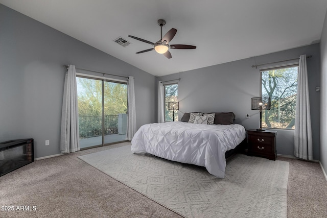 bedroom with access to outside, ceiling fan, light carpet, and lofted ceiling