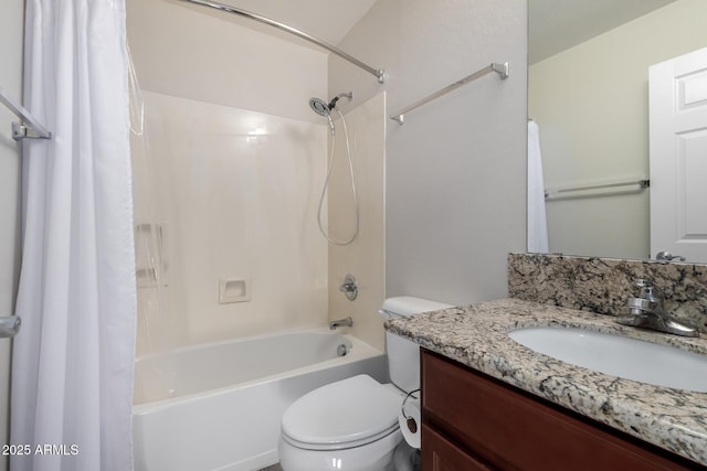 full bathroom with toilet, shower / bath combo, and vanity