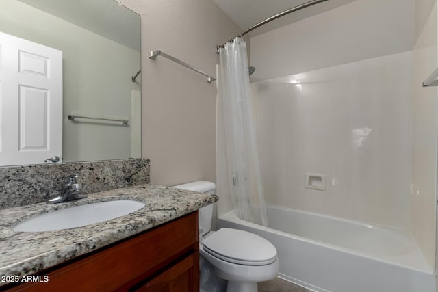 full bathroom featuring toilet, vanity, and shower / bathtub combination with curtain