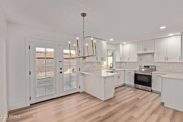 kitchen with light wood finished floors, electric stove, backsplash, and a sink