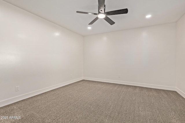 unfurnished room featuring recessed lighting, baseboards, dark colored carpet, and ceiling fan